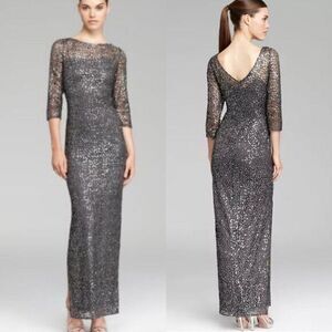 Kay Unger Gray Sequin Lace Colum Gown Dress Mother Of Bride‎  Cruise Event 6